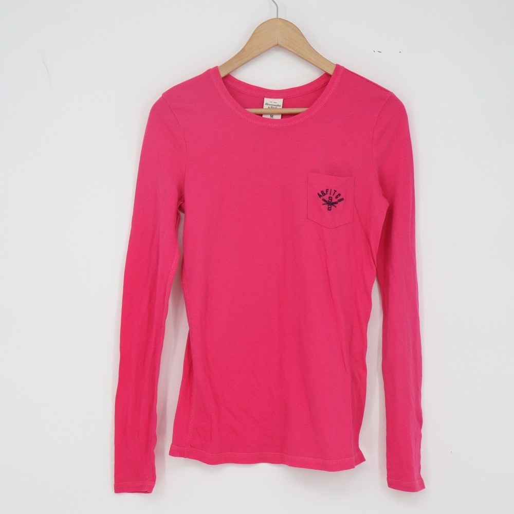 Abercrombie & Fitch T-Shirt Womens M Long Sleeve Pink Pocket Logo Excellent